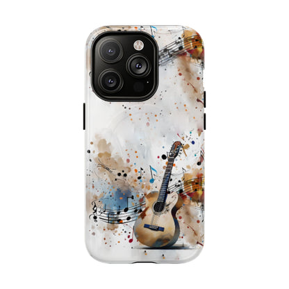 Strum and Flow iPhone 14 Pro MagSafe case featuring an acoustic guitar with flowing musical notes and colorful abstract paint splashes.
