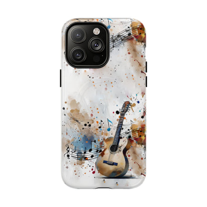 Strum and Flow iPhone 14 Pro Max MagSafe case featuring an acoustic guitar with flowing musical notes and colorful abstract paint splashes.