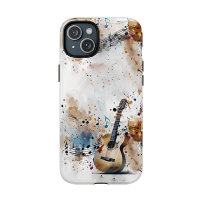 Strum and Flow iPhone 15 Plus MagSafe case featuring an acoustic guitar with flowing musical notes and colorful abstract paint splashes.