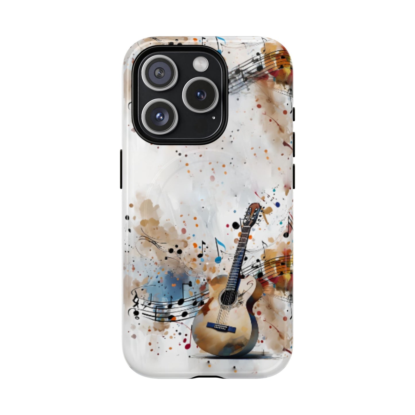 Strum and Flow iPhone 15 Pro MagSafe case featuring an acoustic guitar with flowing musical notes and colorful abstract paint splashes.