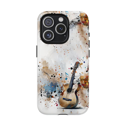 Strum and Flow iPhone 15 Pro MagSafe case featuring an acoustic guitar with flowing musical notes and colorful abstract paint splashes.