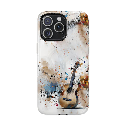 Strum and Flow iPhone 15 Pro Max MagSafe case featuring an acoustic guitar with flowing musical notes and colorful abstract paint splashes.