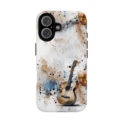 Strum and Flow iPhone 16 MagSafe case featuring an acoustic guitar with flowing musical notes and colorful abstract paint splashes.
