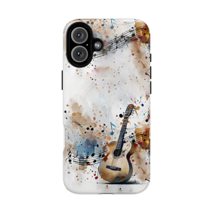Strum and Flow iPhone 16 Plus MagSafe case featuring an acoustic guitar with flowing musical notes and colorful abstract paint splashes.