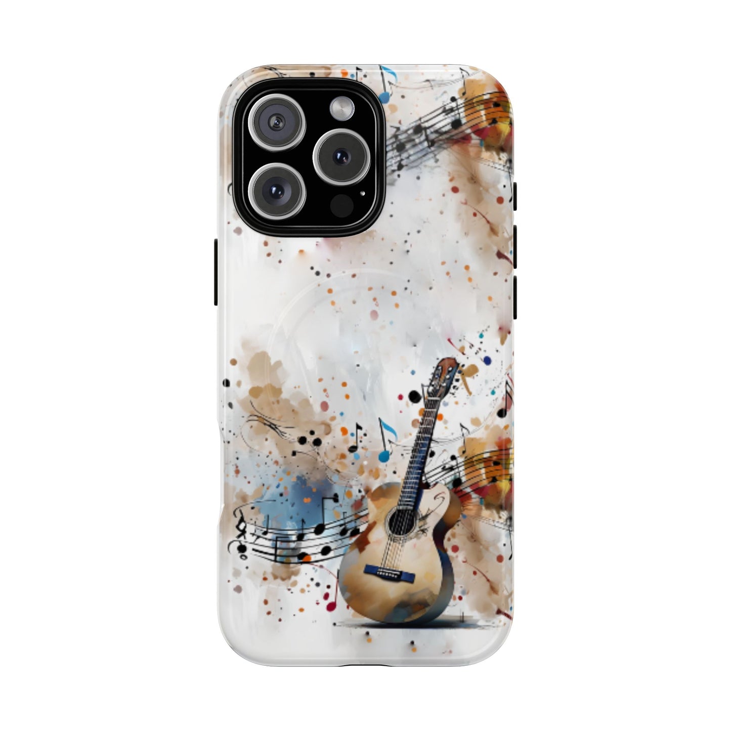 Strum and Flow iPhone 16 Pro Max MagSafe case featuring an acoustic guitar with flowing musical notes and colorful abstract paint splashes.