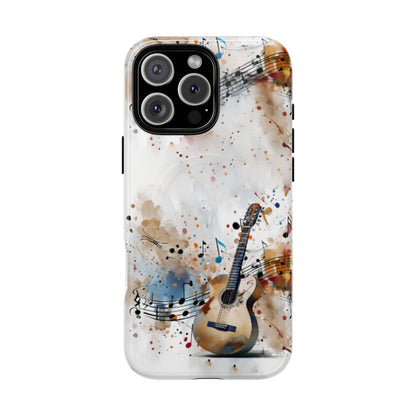 Strum and Flow iPhone 16 Pro Max MagSafe case featuring an acoustic guitar with flowing musical notes and colorful abstract paint splashes.