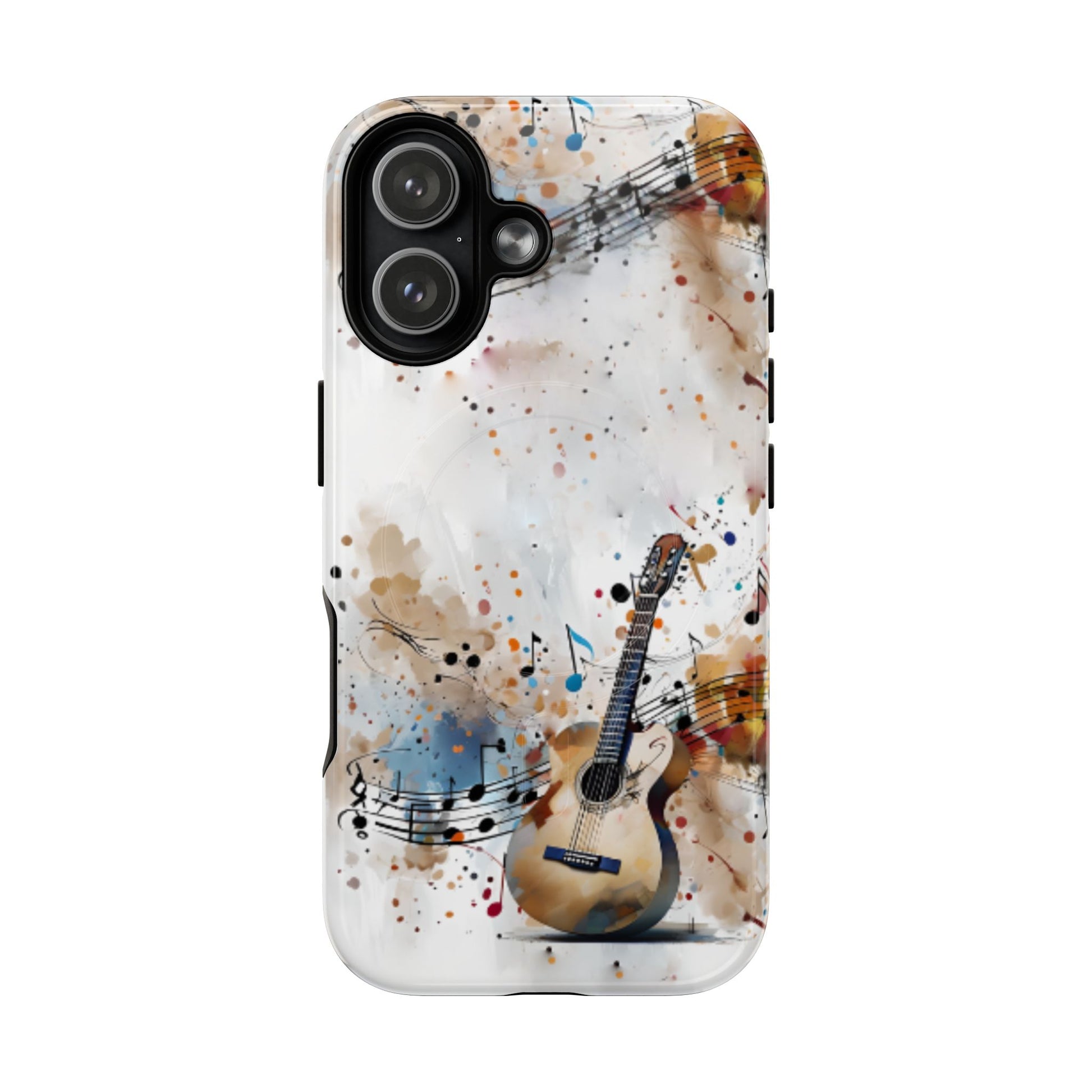 Strum and Flow iPhone 17 MagSafe case featuring an acoustic guitar with flowing musical notes and colorful abstract paint splashes.
