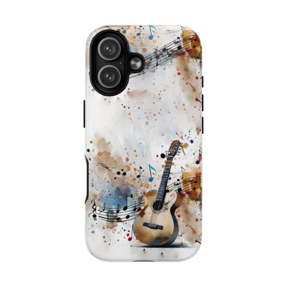 Strum and Flow iPhone 17 MagSafe case featuring an acoustic guitar with flowing musical notes and colorful abstract paint splashes.