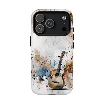 Strum and Flow iPhone 17 Pro MagSafe case featuring an acoustic guitar with flowing musical notes and colorful abstract paint splashes.