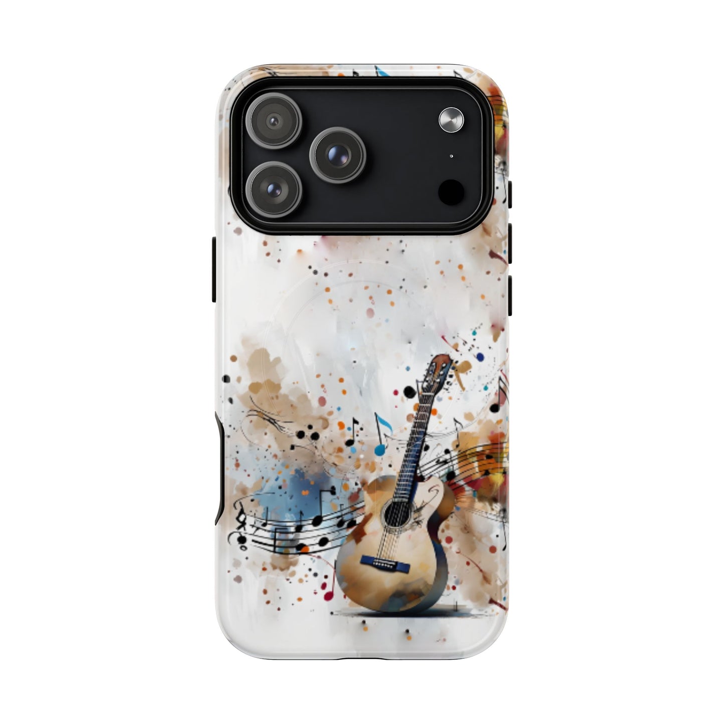 Strum and Flow iPhone 17 Pro Max MagSafe case featuring an acoustic guitar with flowing musical notes and colorful abstract paint splashes.