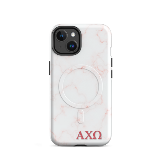 Alpha Chi Omega marble iPhone case with soft pink veining and red Greek letters AXO MagSafe compatible on white background