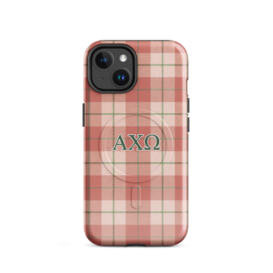 Alpha Chi Omega plaid iPhone case with red and green tartan pattern and olive green AXO Greek letters MagSafe compatible on white background