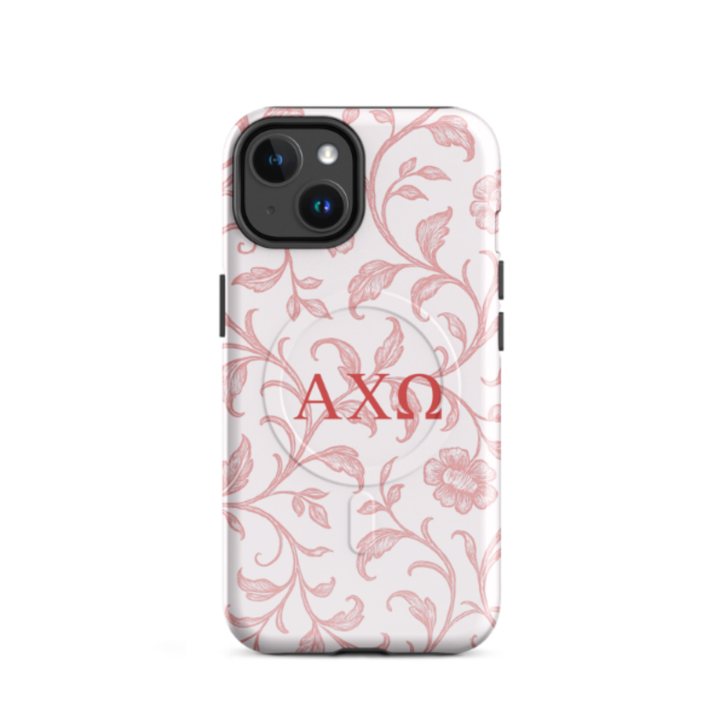 Alpha Chi Omega floral toile iPhone 14 case red vine pattern MagSafe compatible close-up on white background