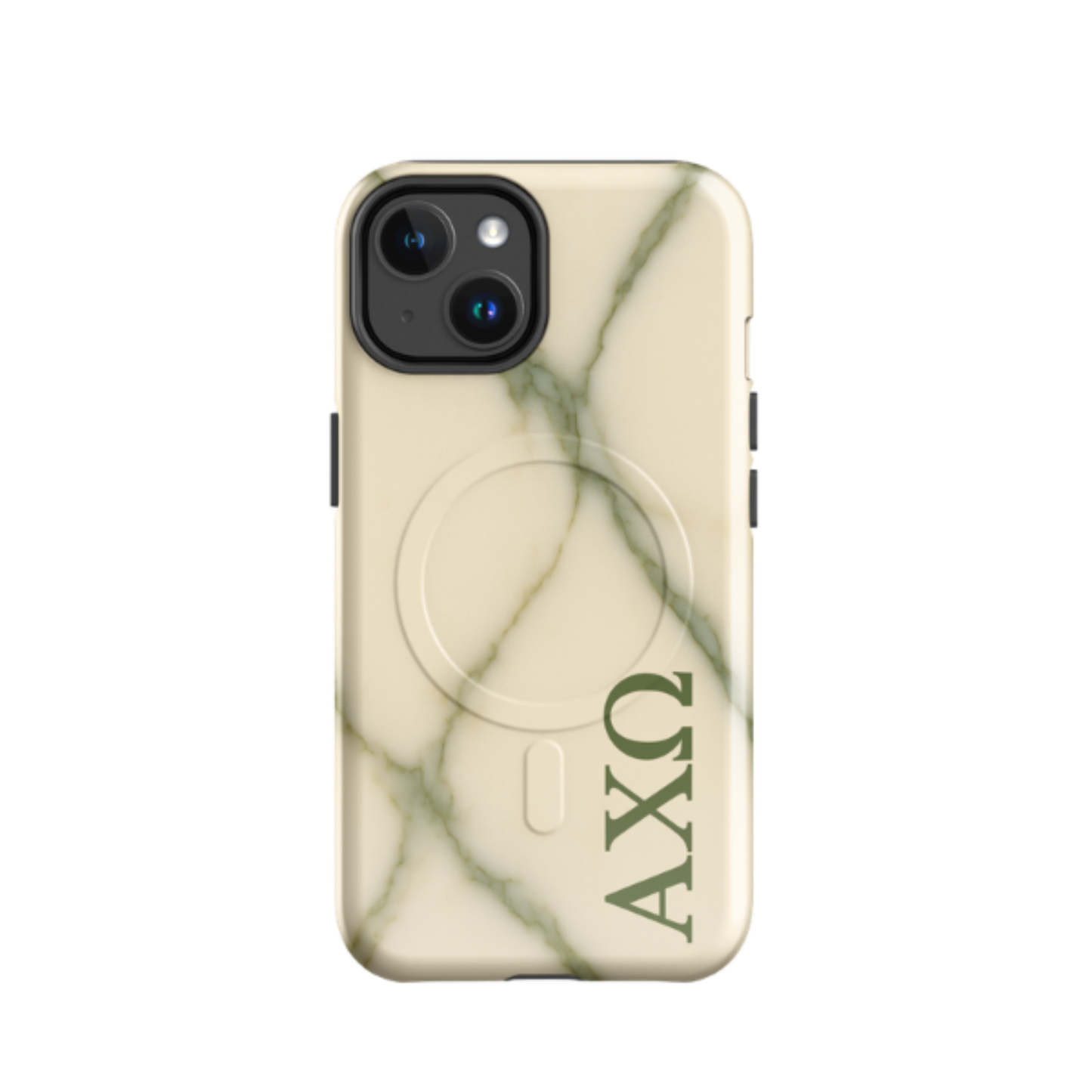 Alpha Chi Omega green marble iPhone case with MagSafe compatibility shown in close-up view on white background