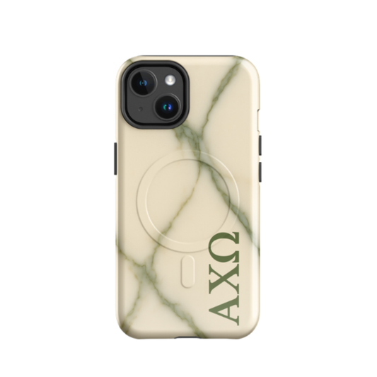 Alpha Chi Omega green marble iPhone case with MagSafe compatibility shown in close-up view on white background