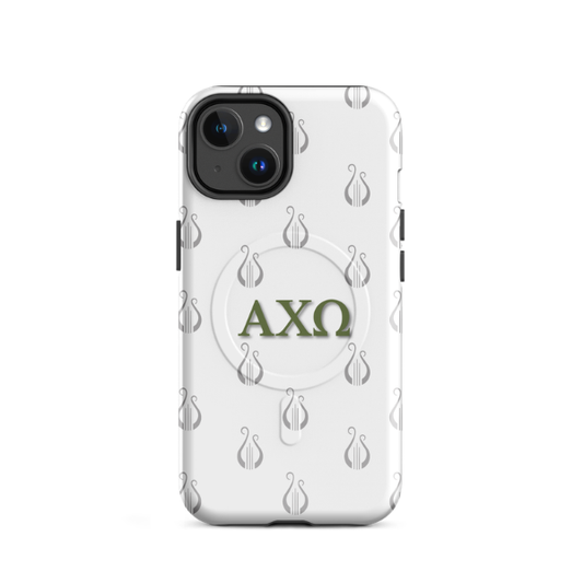 Alpha Chi Omega iPhone 14 case with repeating lyre pattern olive green AXO letters MagSafe compatible on white background