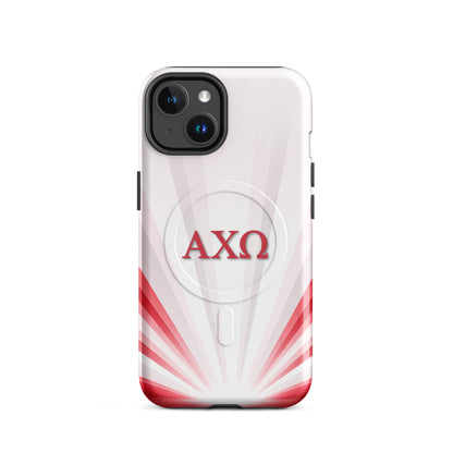 Alpha Chi Omega Radiant Sunburst MagSafe case for iPhone 14 in white with red AXO Greek letters and sunburst design