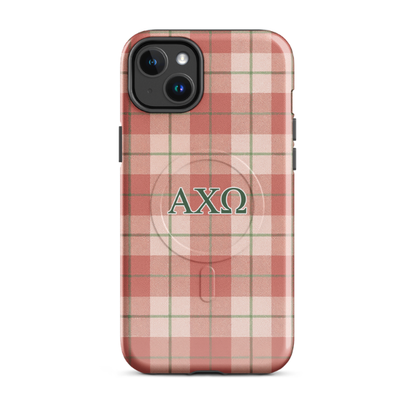 Alpha Chi Omega AXO iPhone 14 plus case red plaid tartan design with green lines and MagSafe ring close-up on white background