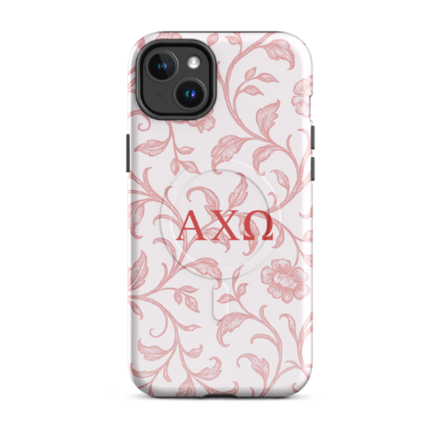 Alpha Chi Omega floral toile iPhone 14 Plus case red vine pattern MagSafe compatible close-up on white background