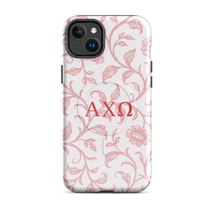 Alpha Chi Omega floral toile iPhone 14 Plus case red vine pattern MagSafe compatible close-up on white background