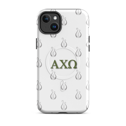 Alpha Chi Omega lyre pattern iPhone 14 Plus case with olive green Greek letters and MagSafe ring on white background