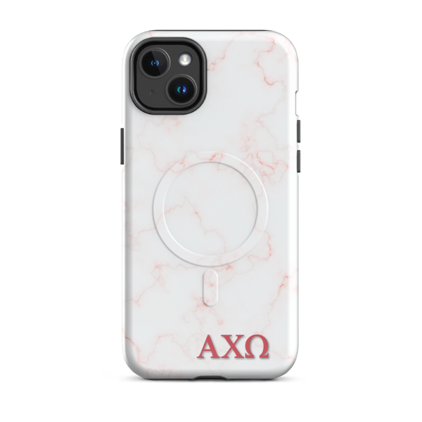 Alpha Chi Omega AXO iPhone 14 Plus case white marble design with pink veins and MagSafe ring close-up on white background