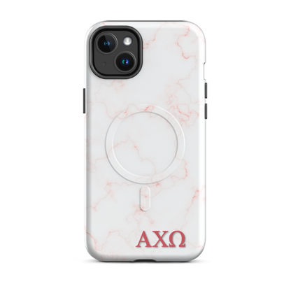 Alpha Chi Omega AXO iPhone 14 Plus case white marble design with pink veins and MagSafe ring close-up on white background