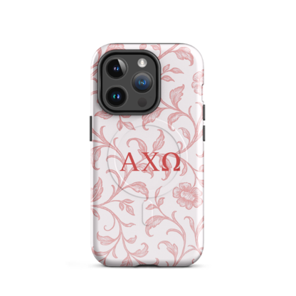 Alpha Chi Omega floral toile iPhone 14 Pro case red vine pattern MagSafe compatible close-up on white background