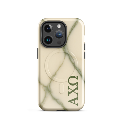 Alpha Chi Omega green marble iPhone 14 Pro case with MagSafe compatibility shown in close-up view on white background