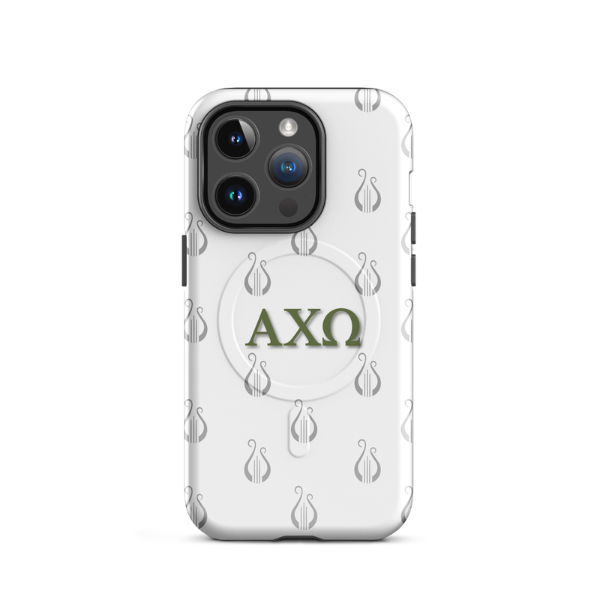 Alpha Chi Omega AXO iPhone 14 Pro case olive green letters with lyre pattern MagSafe close-up on white background