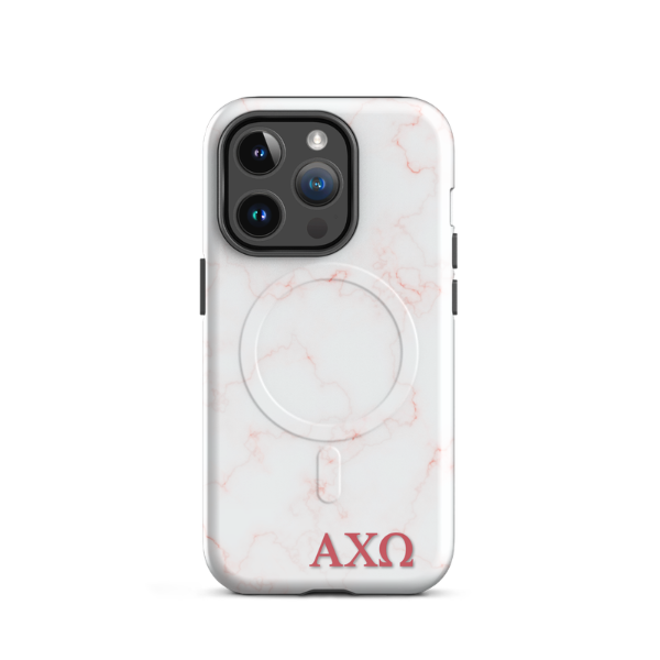 Alpha Chi Omega iPhone 14 Pro case with blush marble pattern red AXO letters MagSafe compatible slim case on white background