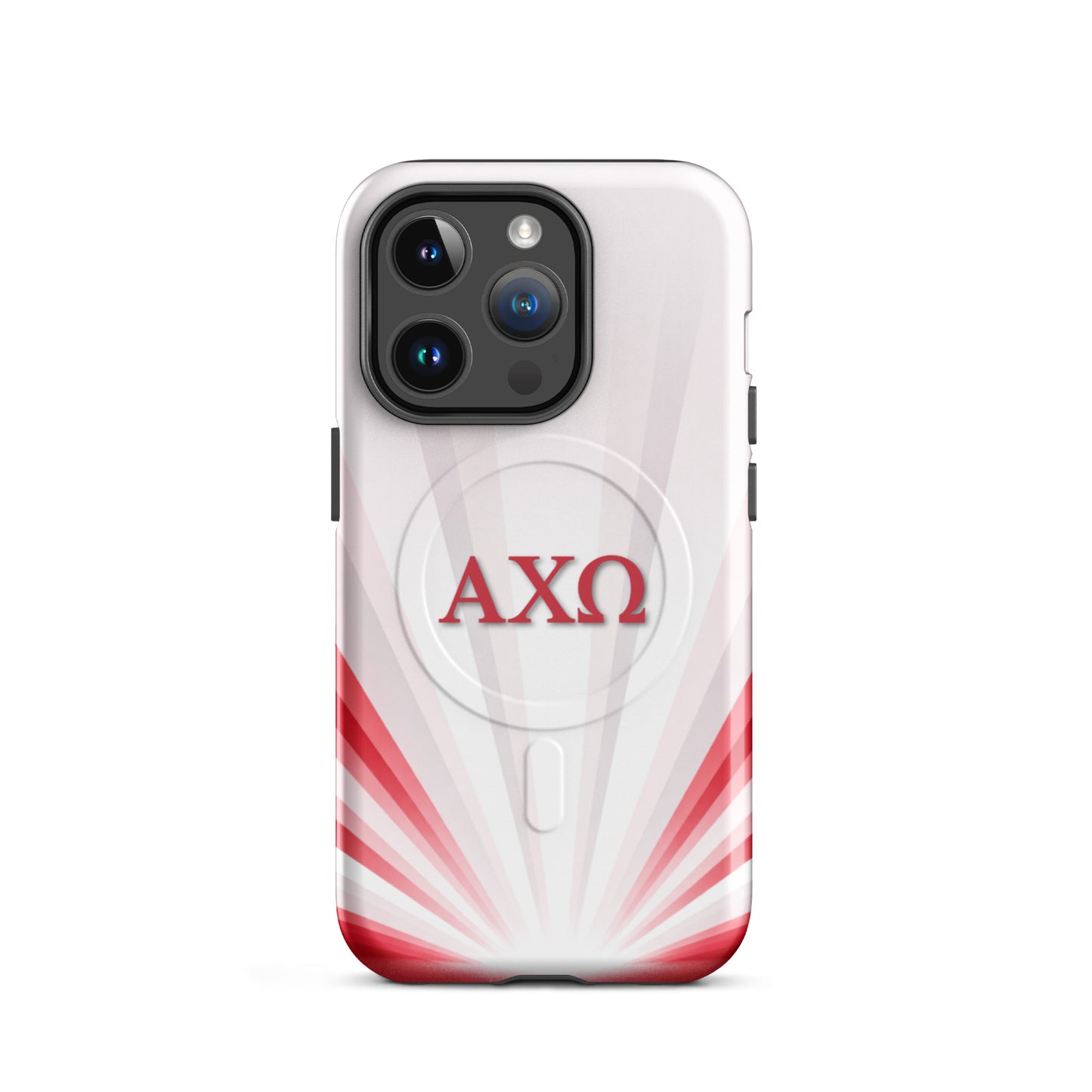 Alpha Chi Omega Radiant Sunburst iPhone 14 Pro MagSafe case featuring red AXO sorority letters on white
