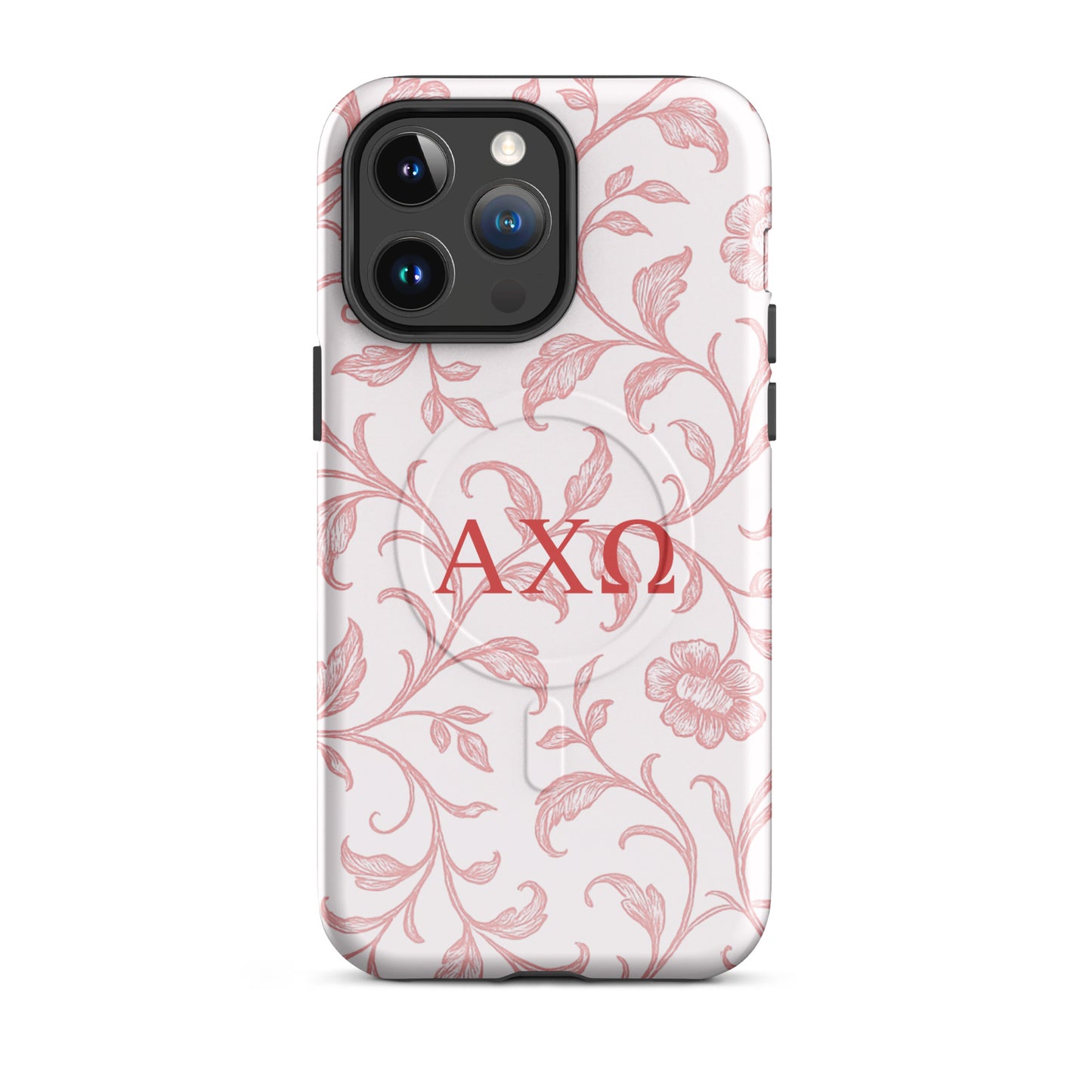 Alpha Chi Omega floral toile iPhone 14 Pro Max case red vine pattern MagSafe compatible close-up on white background