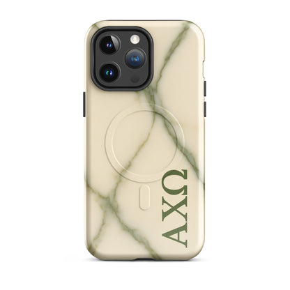 Alpha Chi Omega green marble iPhone 14 Pro Max case with MagSafe compatibility shown in close-up view on white background