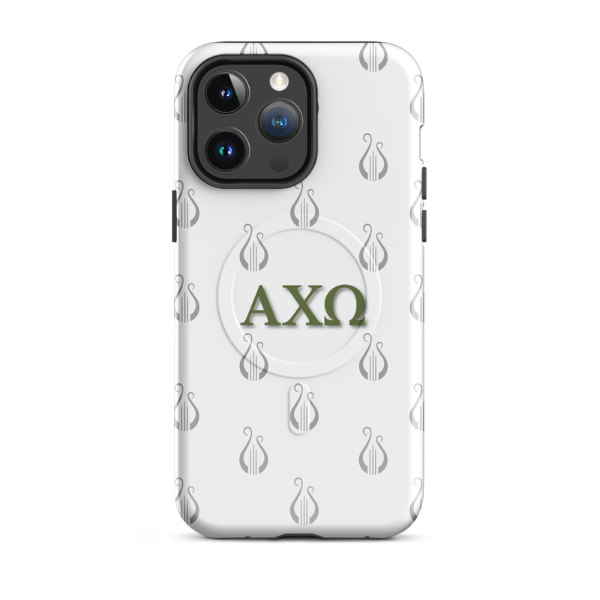 Alpha Chi Omega lyre pattern iPhone 14 Pro Max case with olive green Greek letters and MagSafe ring on white background
