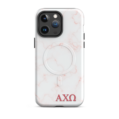 Alpha Chi Omega marble iPhone 14 Pro Max case with soft pink veining and red Greek letters AXO MagSafe compatible on white background