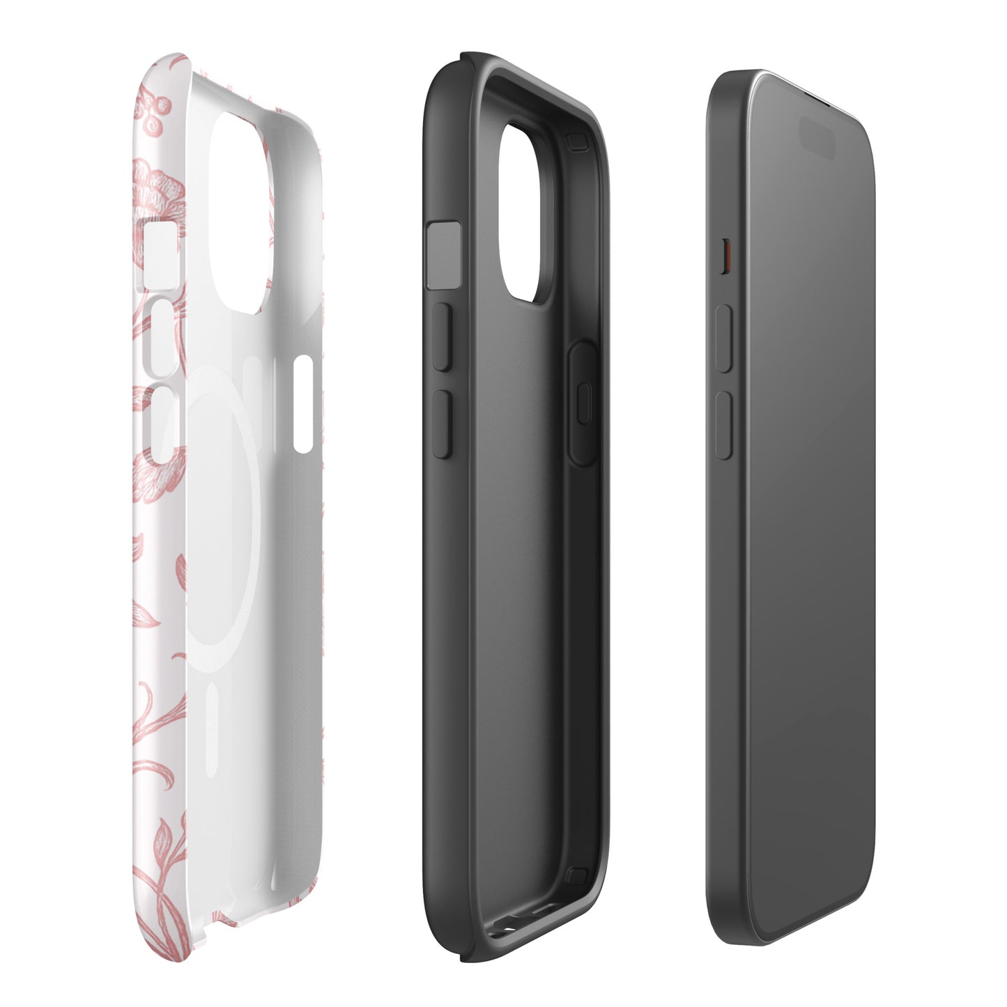 Alpha Chi Omega floral toile iPhone case with red vine pattern and MagSafe compatible showing dual protective layers on white background.