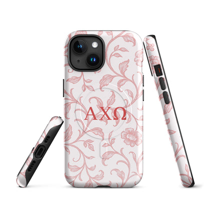Alpha Chi Omega floral toile iPhone case with red vine pattern and MagSafe compatible multiple views on white background.