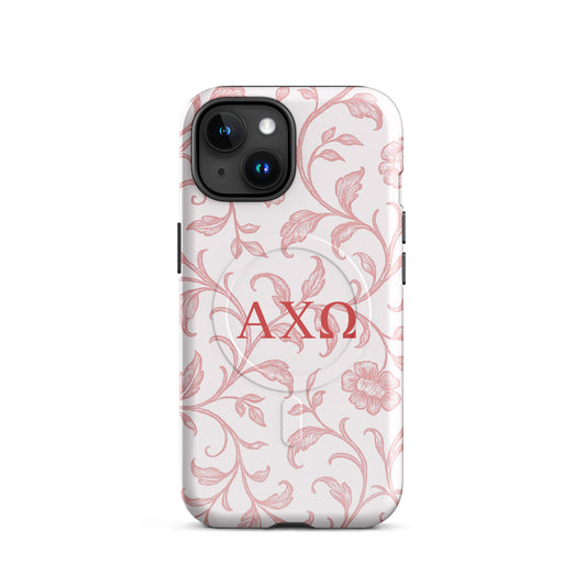 Alpha Chi Omega floral toile iPhone case with red vine pattern and MagSafe compatible close-up on white background.