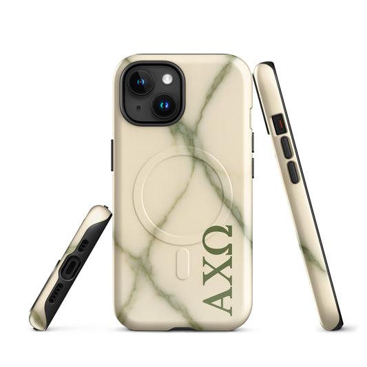 Alpha Chi Omega green marble iPhone case with MagSafe compatibility shown in close-up front and side view on white background