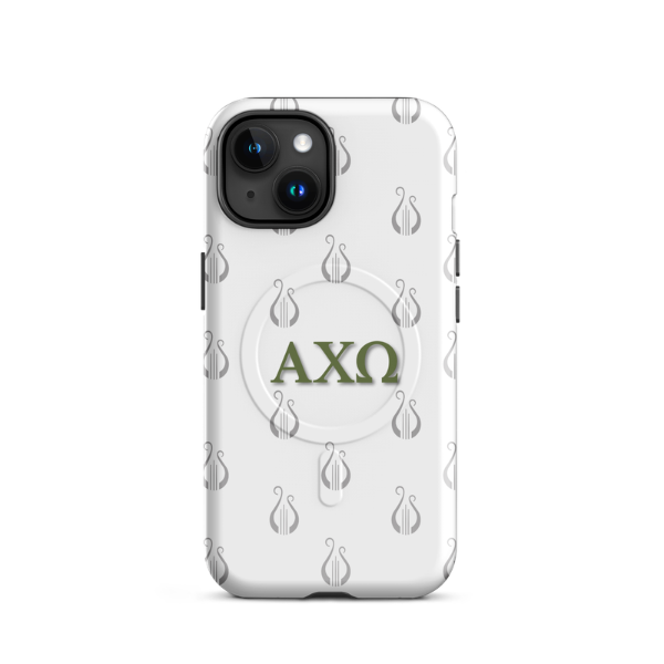 Alpha Chi Omega iPhone 15 case with repeating lyre pattern olive green AXO letters MagSafe compatible on white background