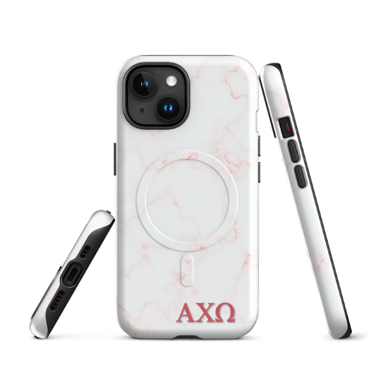 Alpha Chi Omega marble iPhone case with soft pink veining and red Greek letters AXO MagSafe compatible on white background showing front and side views