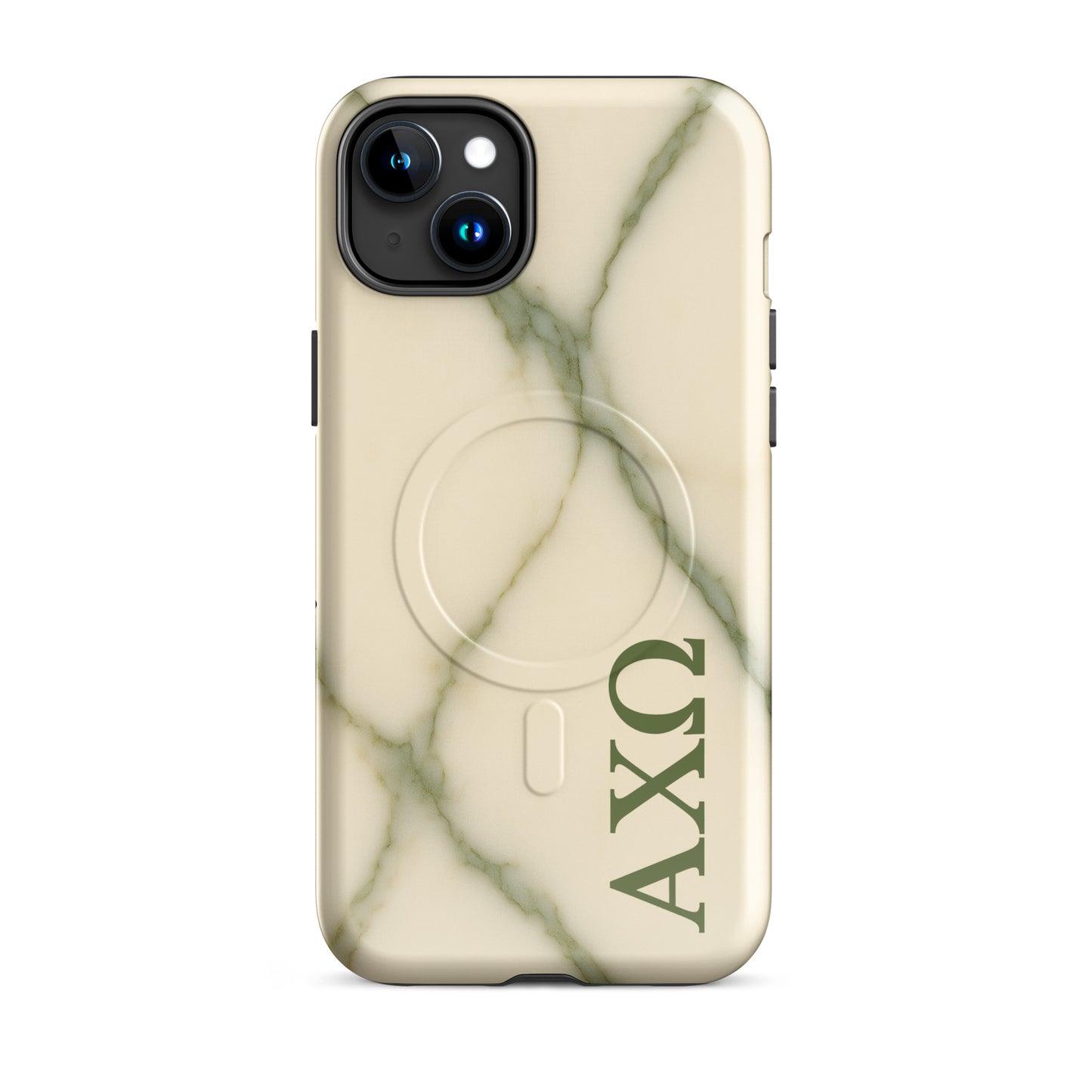 Alpha Chi Omega green marble iPhone 15 Plus case with MagSafe compatibility shown in close-up view on white background