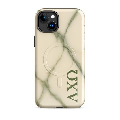 Alpha Chi Omega green marble iPhone 15 Plus case with MagSafe compatibility shown in close-up view on white background