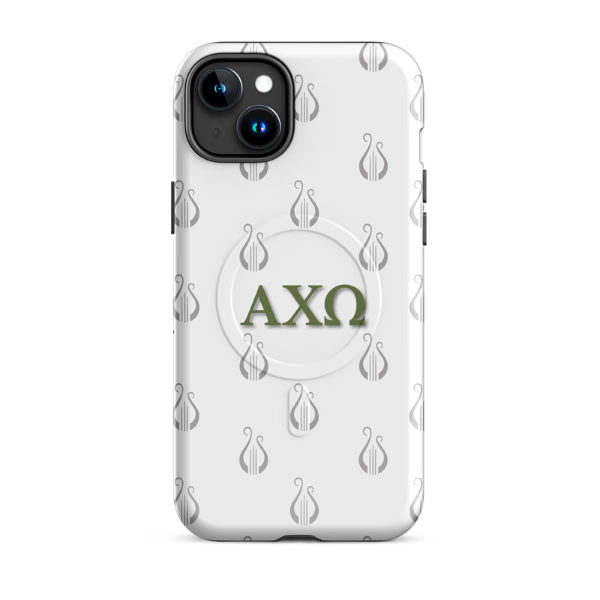 Alpha Chi Omega AXO iPhone 15 Plus case olive green letters with lyre pattern MagSafe close-up on white background