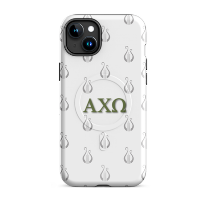 Alpha Chi Omega AXO iPhone 15 Plus case olive green letters with lyre pattern MagSafe close-up on white background