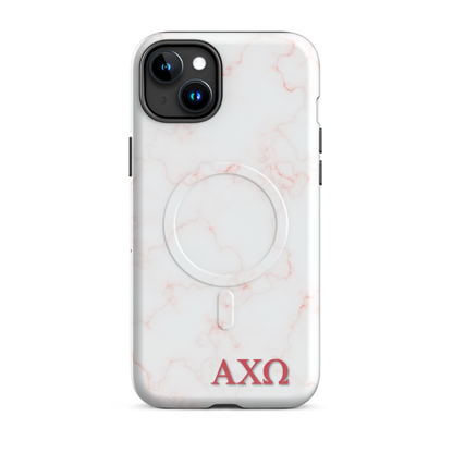 Alpha Chi Omega iPhone 15 Plus case with blush marble pattern red AXO letters MagSafe compatible slim case on white background
