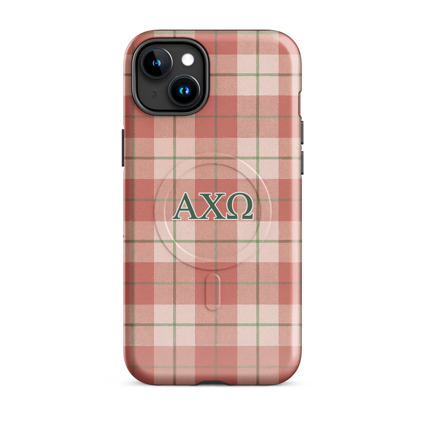 Alpha Chi Omega iPhone 15 Plus case with red and cream plaid pattern green AXO letters MagSafe compatible slim case on white background