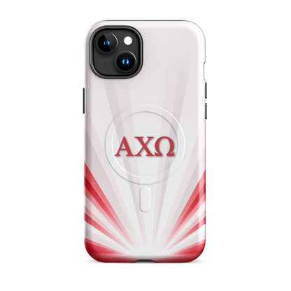 Alpha Chi Omega Radiant Sunburst MagSafe case for iPhone 15 Plus in white with red AXO Greek letters and sunburst design