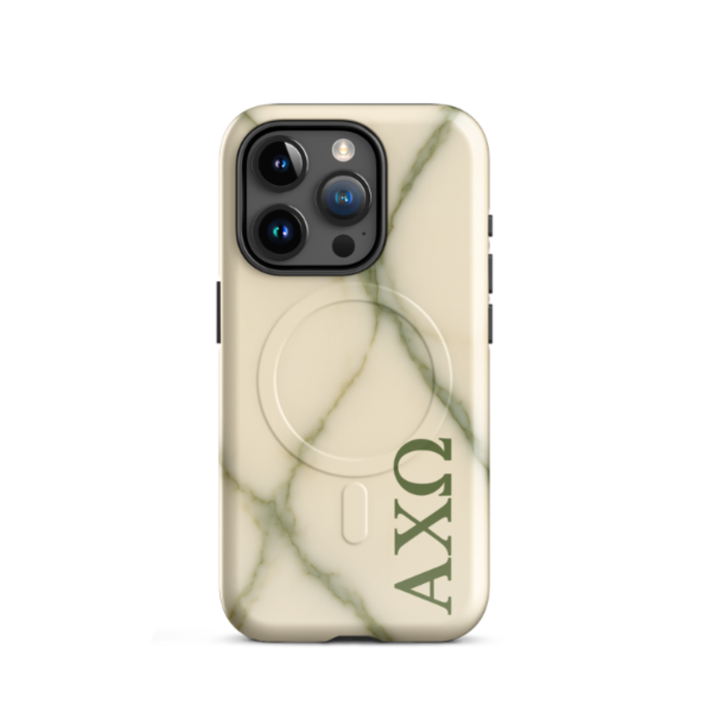 Alpha Chi Omega green marble iPhone 15 Pro case with MagSafe compatibility shown in close-up view on white background